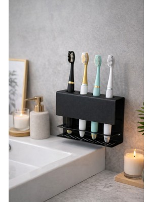Lunoart Metal Diş Fırçalık Siyah 4 Bölmeli Duvara Monte Diş Fırçası Tutucu Banyo Organizer