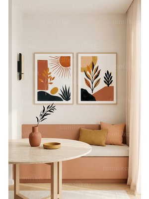Tontilika Bohem Tarzı Soyut Güneş ve Doğa 2’li Ahşap Çerçeveli Tablo Seti