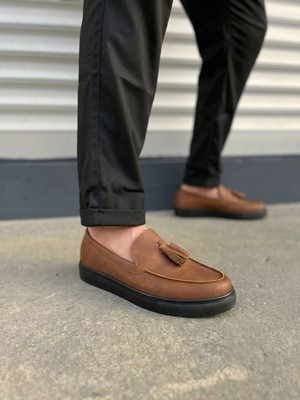 Zerenyus JY153 Bloomer Bağcıksız Püsküllü Cilt Erkek Günlük Klasik Ayakkabı - Taba