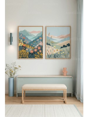 Tontilika Iskandinav Dağ Vadisi Kır Çiçekleri 2’li Ahşap Çerçeveli Tablo Seti