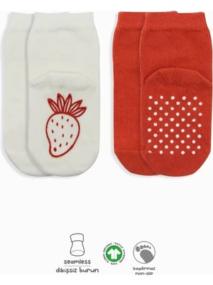 Markaon Üreticiniz 2'li Meyve Figürlü Kaymaz Soket Çorap 10105 Kırmızı Ekru YN1348