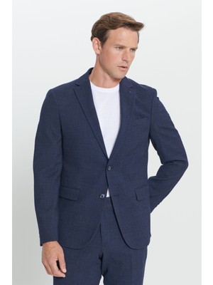 Altınyıldız Classics Erkek Lacivert Slim Fit Dar Kesim Mono Yaka Gofre Desenli Yünlü Takım Elbise