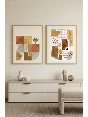 Tontilika Sonbahar Botanik Temalı Soyut Kompozisyonlar 2’li Ahşap Çerçeveli Tablo Seti