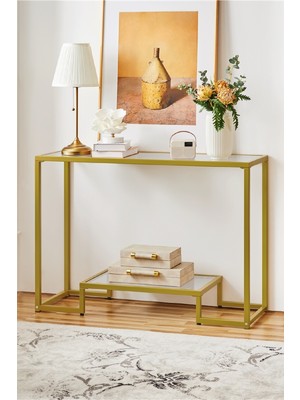 Feyza Design Modern Gold Renk Metal ve Temper Camlı Raflı Dresuar Konsol