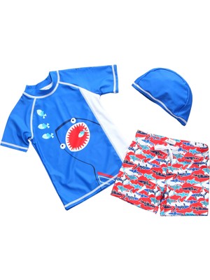 Petityu UP50+ Mavi Beyaz Kırmızı Shark Köpekbalığı Desen Kırmızı Şort 3’lü T-Shirt Şapka Mayo Set