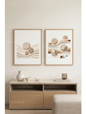 Tontilika Modern Soyut Şekiller ve Çizgiler 2’li Ahşap Çerçeveli Tablo Seti