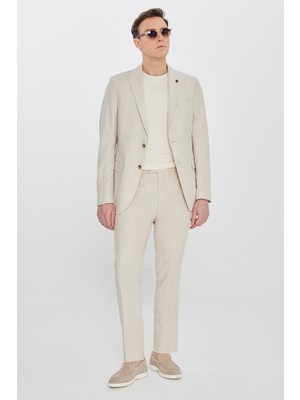 Altınyıldız Classics Erkek Bej Keten Slim Fit Dar Kesim Kırlangıç Yaka Esnek Takım Elbise