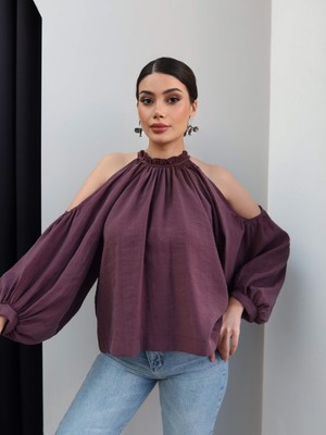 Esra Helvacı Omuz Dekolteli Büzgülü Bluz