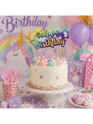 Dizayn Parti Evi Dzyn Happy Birthday Pasta Üstü Süs Unicorn Temalı Renkli Cake Topper Doğum Günü Parti Aksesuarı