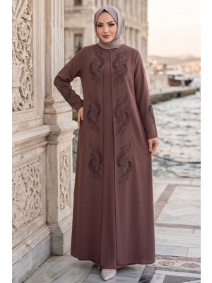Hafsa Mina Çiçek Taş Işlemeli Şık Tesettür Anne Elbisesi Kahverengi HM2905