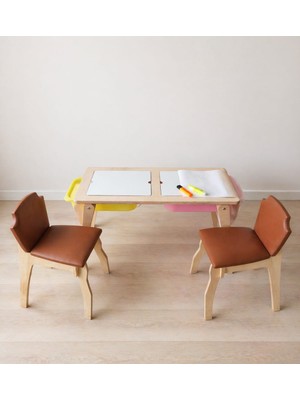 Asrimo Yaz Sil Yüzeyli Kontraplak Katlanır Deri Döşemeli Çift Sandalyeli Çocuk Aktivite Masa Takımı