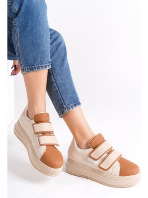 Valencıa Bağcıksız Cırt Cırtlı Ortopedik Taban Kadın Sneaker Spor Ayakkabı Ctt - Ten/kahve