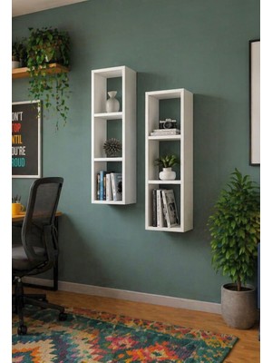 Dekormer Design Kitaplık Ikili Takım Çapraz Duvar Rafı Mobilyası Beyaz