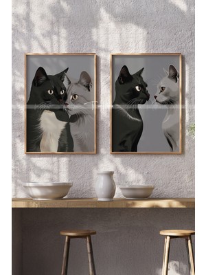 Tontilika Kedi Çift Temalı 2'li Ahşap Çerçeveli Tablo Seti