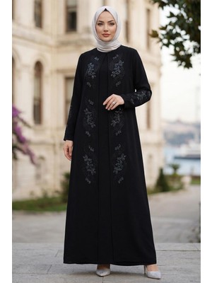 Hafsa Mina Çiçek Taş Işlemeli Şık Tesettür Anne Elbisesi Siyah HM2905