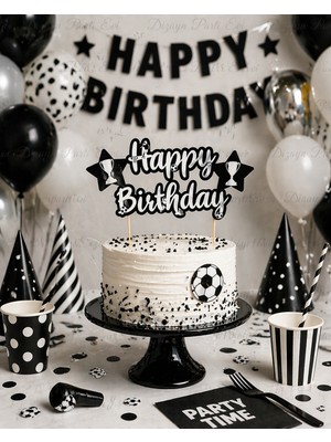 Dizayn Parti Evi Dzyn Happy Birthday Beşiktaş Bjk Pasta Üstü Süs Futbol Temalı Siyah Beyaz Cake Topper Doğum Günü Parti Aksesuarı