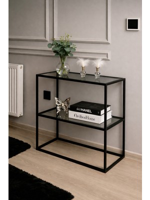 Feyza Design Şık Siyah Metal ve Füme Camlı Modern Köşe Konsolu, Zarif Tasarım