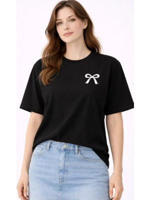 Minnoş Siyah Oversize Kurdale Nakışlı Pamuklu Şık Tişört