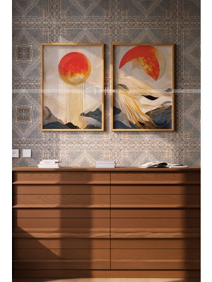 Tontilika Altın Gün Batımı 2'li Ahşap Çerçeveli Tablo Seti