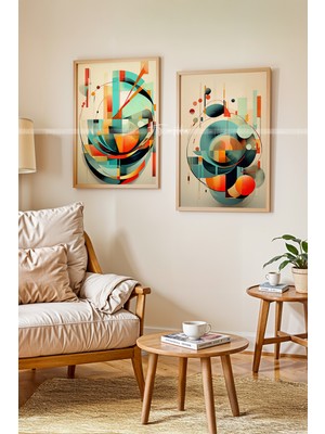 Tontilika Modern Geometrik 2'li Ahşap Çerçeveli Tablo Seti