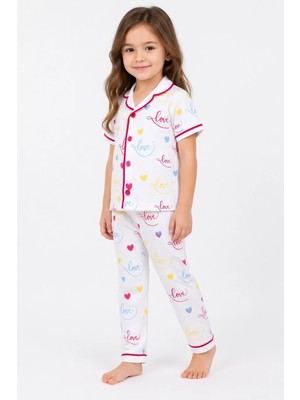 Dinamik çocuk Kız Çocuk/bebek Love Desenli Kısa Kollu Pijama Takımı Yazlık %100PAMUK 2'li Alt Üst Takım 6-24AYLIK 3-6yaş