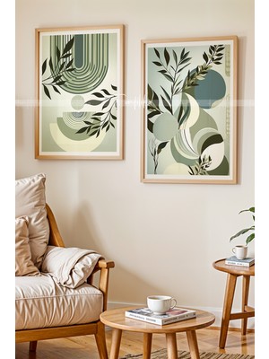 Tontilika Doğal Tonlarda Modern Yaprak Tasarımlı Ahşap Çerçeveli 2'li Tablo Seti-1