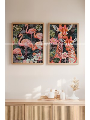 Tontilika Retro Flamingo ve Zürafa 2'li Çerçeveli Ahşap Tablo SETI-21X30