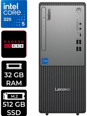 Lenovo Thinkcentre Neo 50T Gen 6 Intel Core Ultra 5 225 32GB 512GB SSD RX550/4GB Fdos Masaüstü Bilgisayar & Per4 USB Bellek 13BD007UTRP365
