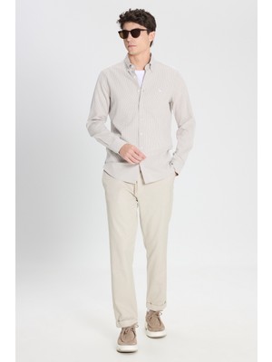 Altınyıldız Classics Erkek Bej Pamuklu Slim Fit Diagonal Desenli Pileli Yan Cep Casual Pantolon