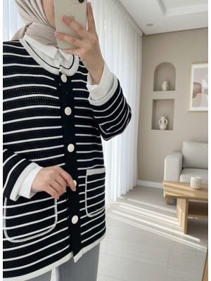 Moda Morfo Yuvarlak Yaka Sim Çizgili Düğmeli Hırka -Siyah