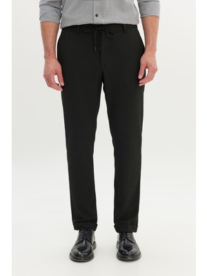 Altınyıldız Classics Erkek Siyah Slim Fit Dar Kesim Gofre Desenli Esnek Beli Bağlamalı Pantolon
