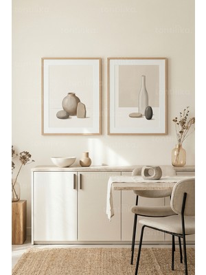 Tontilika Sakin Tonlar ve Organik Formlar 2’li Ahşap Çerçeveli Tablo Seti