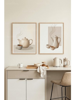 Tontilika Sade Mutfaklar ve Kahve Keyfi 2’li Ahşap Çerçeveli Tablo Seti