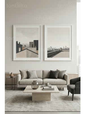 Tontilika Modern Kent Çatıları ve Geometrik Silüetler 2’li Ahşap Çerçeveli Tablo Seti
