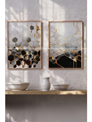 Tontilika Altın Geometrik 2'li Ahşap Çerçeveli Tablo Seti