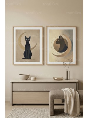 Tontilika Mistik Kedi ve Ay Temalı 2’li Ahşap Çerçeveli Tablo Seti