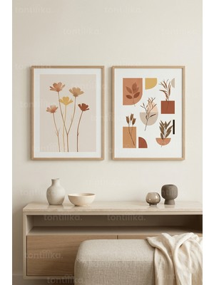 Tontilika Modern Botanik ve Geometrik Çizgiler 2’li Ahşap Çerçeveli Tablo Seti