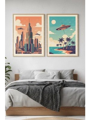Tontilika Retro Gelecek 2’li Ahşap Çerçeveli Tablo Seti - Fütüristik Şehir ve Sahil Dekoru