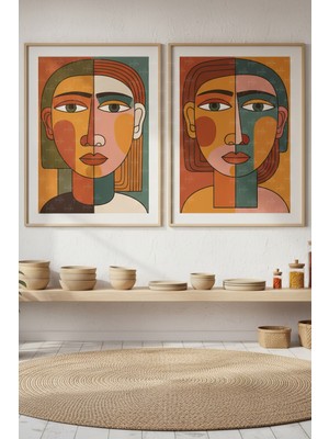 Tontilika Soyut Kadın Portresi 2’li Ahşap Çerçeveli Tablo Seti - Modern Sanat Dekoru