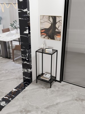 Feyza Design Modern Füme Cam Raflı Metal Dresuar, Dar Alanlar Için Uzun Sehpa