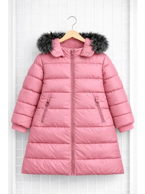 Regos Kız Çocuk Pembe Uzun Şişme Mont Kürk Detaylı Kapüşonlu Kışlık