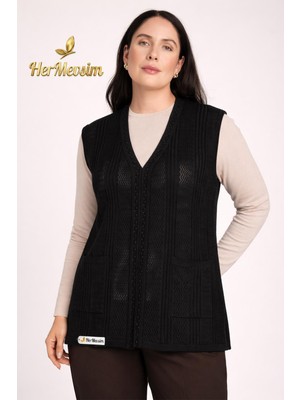 Hermevsim Hesna Kadın Cansu Triko Ajurlu V Yaka Kenarı Bocuklu Cepli Siyah Yelek