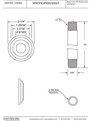 Mi-Ça Home Westbrass 1/2 "ıps x 36" Flanşlı Tavana Monte Duş Kolu, Parlak Pirinç, D3636A-01
