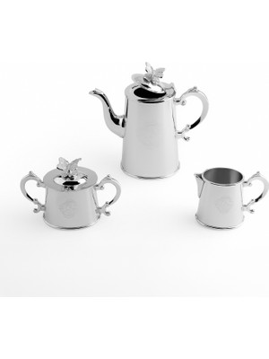 LuckyArt Kelebek Detaylı 3 Parça Paslanmaz Çelik Çay Servis Seti