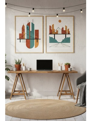 Tontilika Köprü ve Şehir 2’li Ahşap Çerçeveli Tablo Seti - Geometrik Modern Dekor