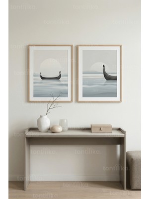 Tontilika Sakin Nordik Tekne Manzarası 2’li Ahşap Çerçeveli Tablo Seti