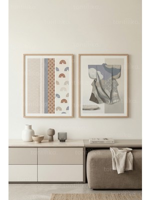 Tontilika Japandi Estetik Soyut Japon Motifli 2’li Ahşap Çerçeveli Tablo Seti