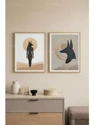 Tontilika Mistik Mısır Anubis Figürlü 2’li Ahşap Çerçeveli Tablo Seti