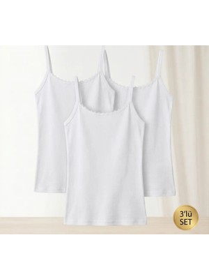 Shine Elagance Beyaz Ip Askılı Yakası Papatyalı %100 Pamuk Rahat Kullanışlı Hafif Kadın Atlet 3'lü set