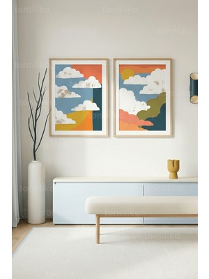 Tontilika Soyut Renk Bloklu Bulut Manzarası 2’li Ahşap Çerçeveli Tablo Seti